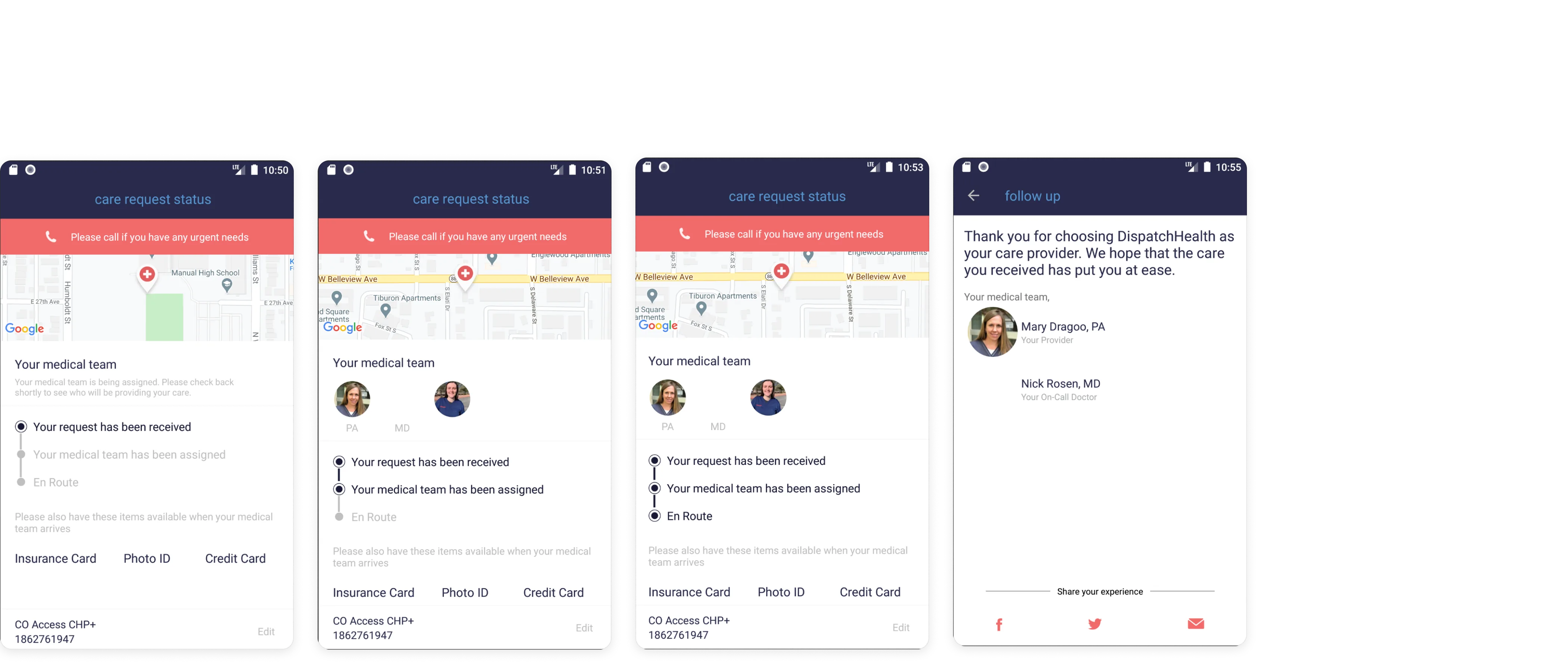 Before: status screens (request received → assigned → en route → arrived)