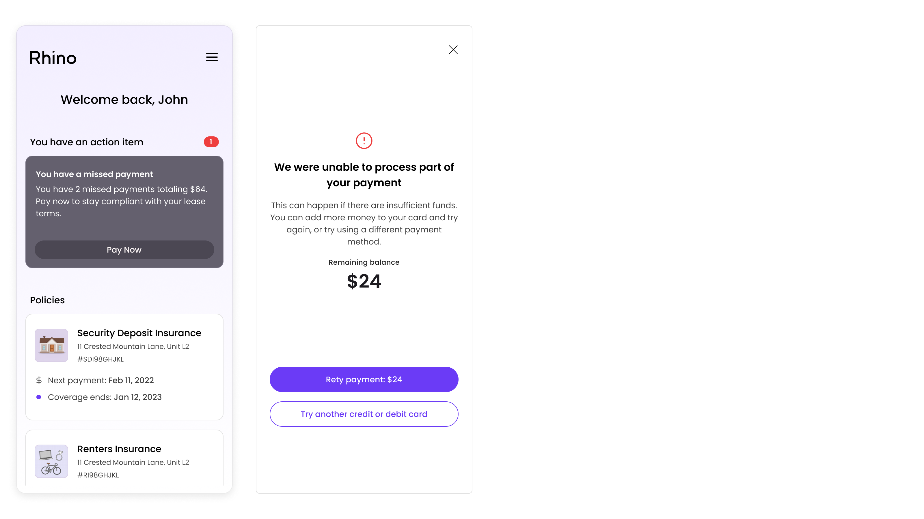 Welcome-back + partial charge confirmation screens
