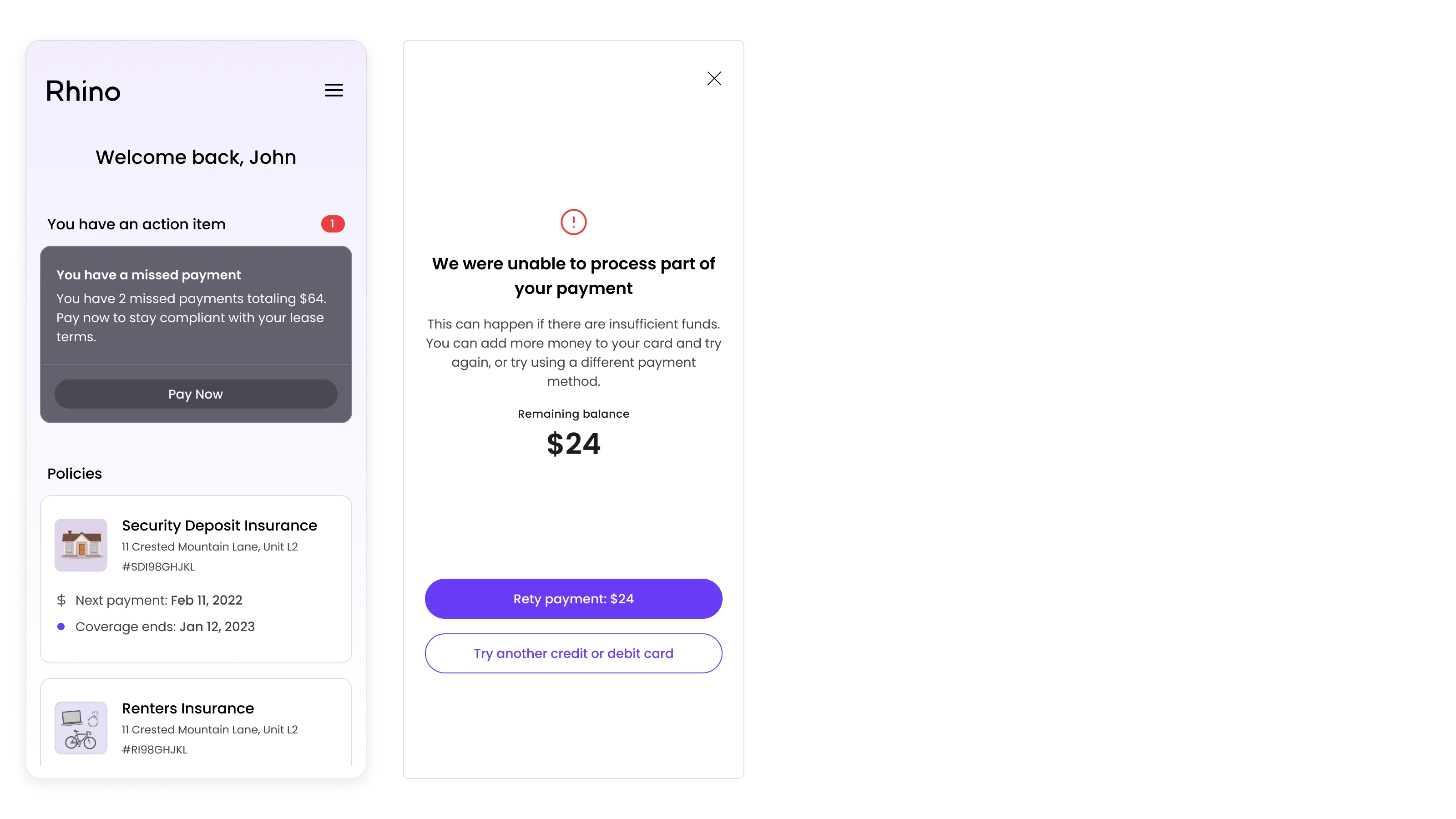 Welcome-back + partial charge confirmation screens